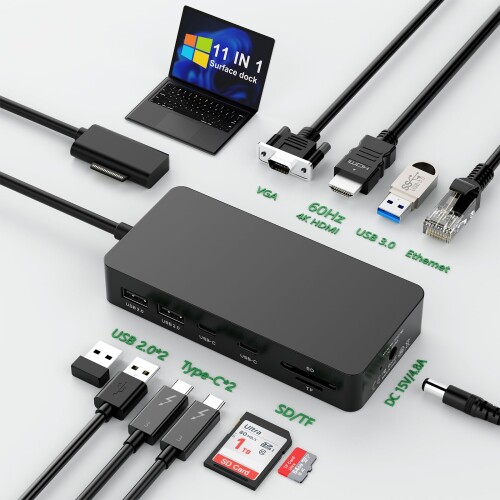 マイクロソフト Surface ドック 4K@60HZ HDMI+VGA+イーサネット+USB-C/USB-A+SD/TF 11 in 1 Surfaceドッキングステーション用60W電源付き Surface Pro 10/9/8/X/7/6/5/4/3 Surface Laptop 6/5/4/3/2/1 Surface Laptop go Surface Book