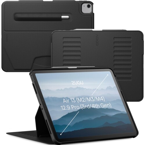 Zugu Case iPad Air ケース 13インチ (M4 2026 & M3 2025 & M2 2024) / Pro 12.9 (第3世代 / 第4世代), 極薄 落下衝撃保護 10段階スタンド機能 Apple ペンホルダー ワイヤレス充電 オートスリープ スマートカバ