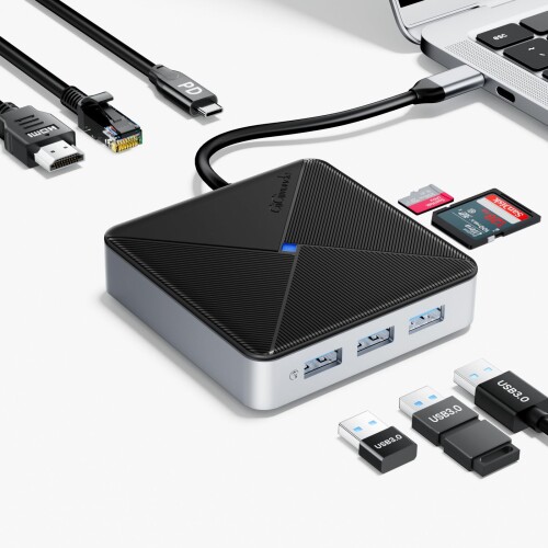 GiGimundo 8-in-1 USB C ハブ PD100W /HDMI(4K@60Hz)出力ポート/1000Mbps イーサネット/USB Aポート*3/SD/TF カードリーダ 5Gbps高速データ転送 Windows/Linux/Mac OS/Androidなどに対応 会議 ビジネス 在宅勤務