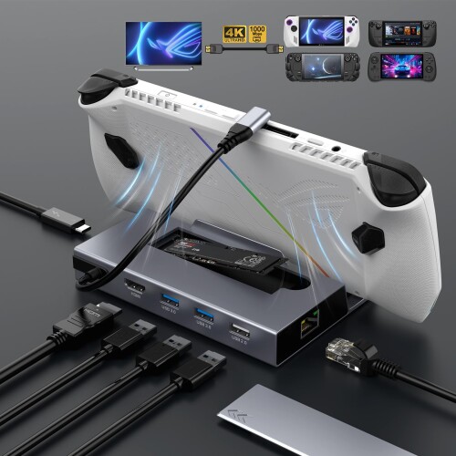 ROG XBOX Ally X/Legion Go/Steam Deck OLED/MSI Claw/Switchドック 7-in-1 USB-C ハブドッキングステーション｜HDMI 4K@60Hz・RJ45ギガビットLAN・100W PD急速充電・M.2 SSDベイ(最大2TB)・USB3.0×2/USB2.0×1・アルミ合金