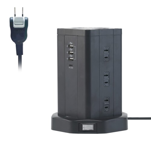 TOP-FLEX 主柱式ワット数水道栓 12AC申し受ける口（110-125V）＋4USB界面（最大限度3.4A/5V）雷差し固める 過厄介なもの防御すること 省エネ PSE証明済 取りひろげる吊りひも2m 事務室/身寄り給電用 (Black)