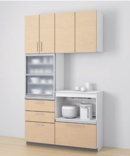 TOTOクラッソ　カップボード（家電収納有）食器・家電・カウンタープラン幅1350ミリ　高さ2350ミリ　扉グループ1A/1B　メラミンカウンター定価￥487410－メーカー直送便にてお届け沖縄及び離島は、別途送料掛かります。メーカー便のため代引き不可。