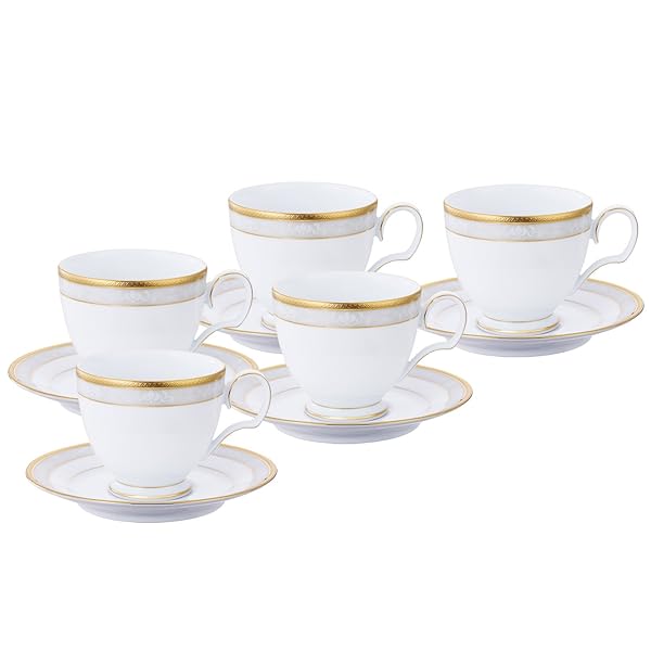 Noritake ノリ竹 優勝杯 \u0026 平円盤 仕掛ける ( 珈琲 お茶 兼用) 250竓 ハンプシャーゴールド 5客 ファインポーセレン F91988/4335 カップ＆ソーサー-マグカップ・ティーカップ