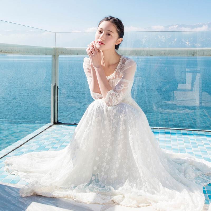 ドレス ウェディングドレス 結婚式ドレス 二次会ドレス 披露宴ドレス 花嫁ドレス ロングドレス ロング ロング丈 袖あり 7分袖 七分袖 Uネック Aライン エンパイアライン スレンダーライン レース シフォン フリル 透け感 シースルー かわいい 大人可愛い きれいめ 大人 上品｜Come to Store 7,474円