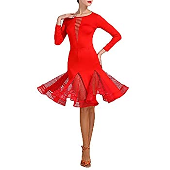 珍しい ソフト 中古 ベリーダンスドレス サ 赤 色 女性ダンス衣装 長袖中空魚網ラテンダンスドレススーツ社交ダンス衣装 プロの練習ショースカート競技ダンス衣装 Dgb Gov Bf