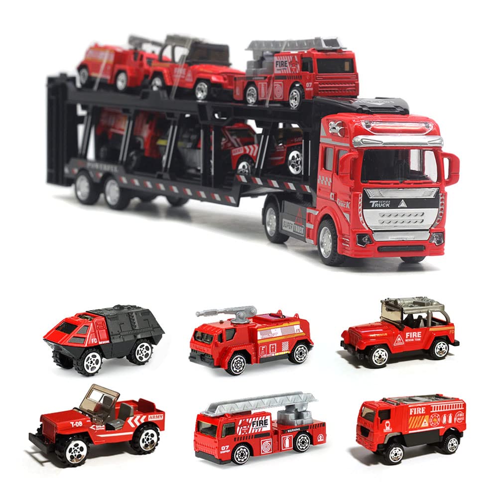 【中古】Popgaga トレーラー ミニカーセット 大型トレーラー 合金製ミニカー 消防車両セット 車おもちゃ 乗せて運ぶ 男の子 女の子 贈り物 クリスマス