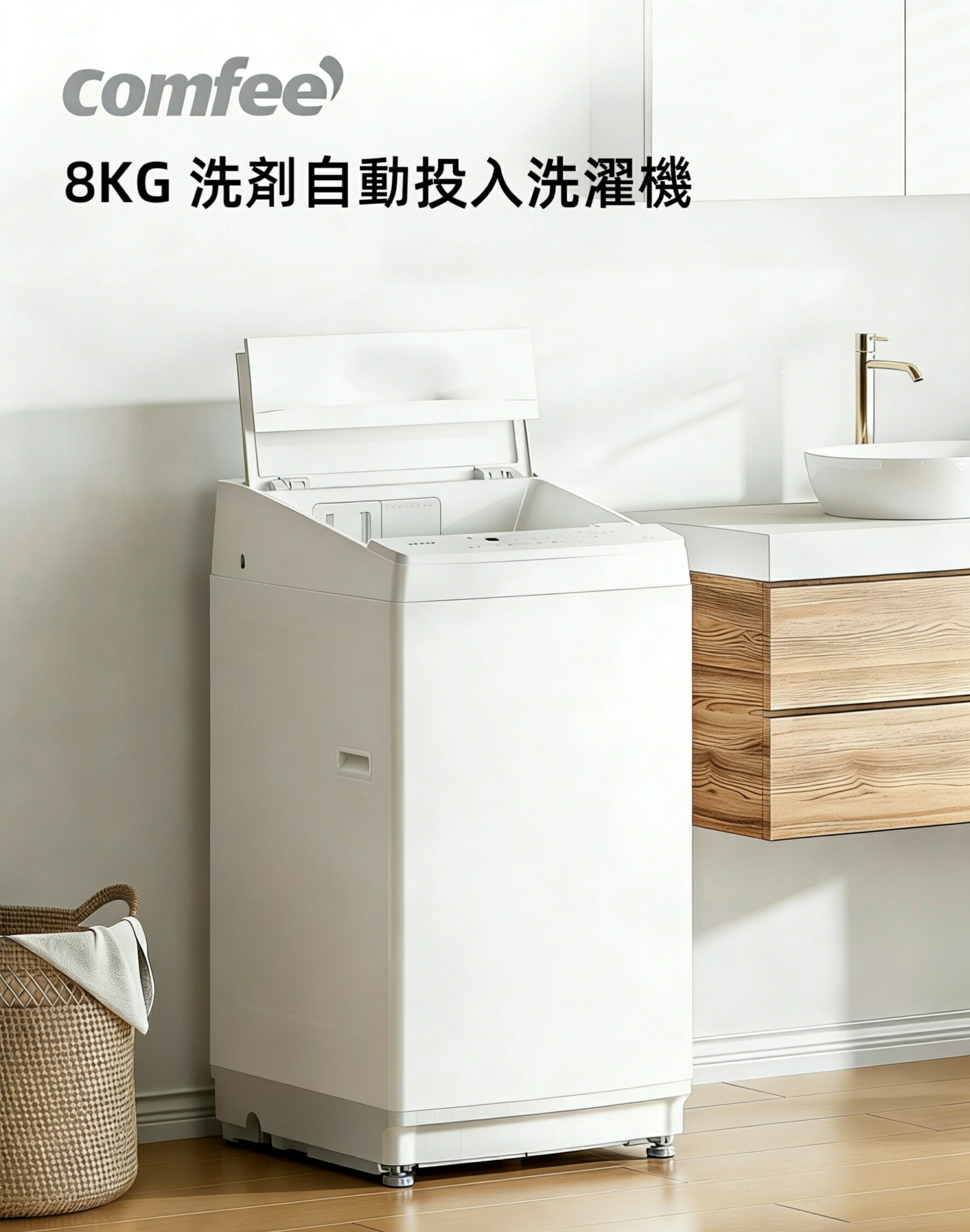 COMFEE' 洗濯機 8kg 全自動 洗剤自動投入 縦型 ファミリー 3-4人用 全自動洗濯機 ステンレス槽 風乾燥 予約機能 スピードコース ガラスドア 大容量 家電 節水 静音設計 まとめ洗い 大物洗い 槽洗浄 透明ドア コンパクト ホワイト