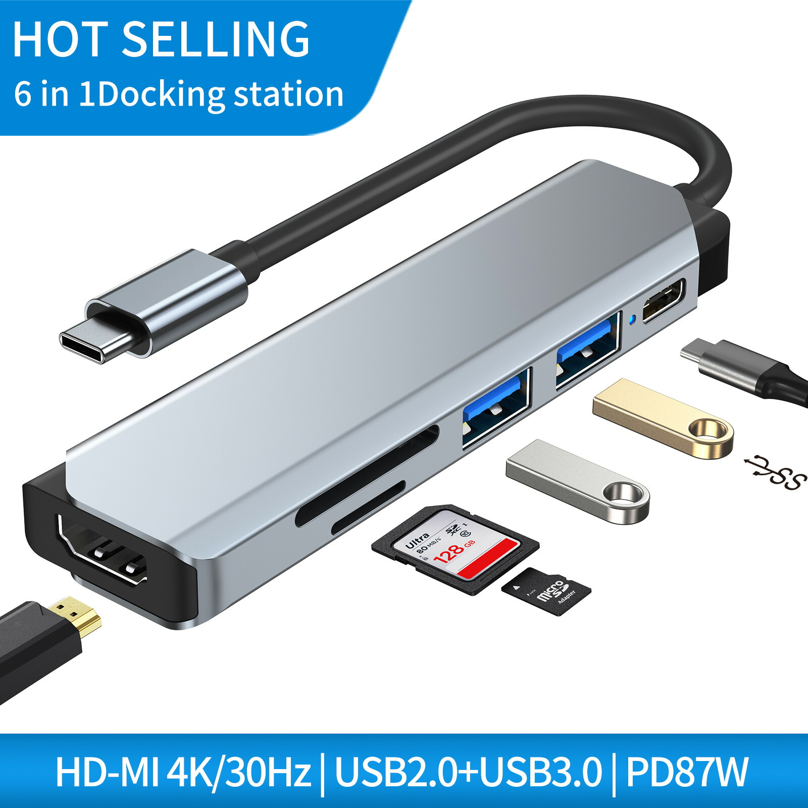 【2023最新】【6in1】USB Type-C ハブ Type-C to Type-A USB3.0 HDMI 4K SDカード  microSD PD87W 薄型 軽量アルミ合金 USB変換アダプター MacBook ノートパソコン ノートPC surface iPad  Air5/4 Pro2018/2020/2021/2022 Android対応 ComfyStore
