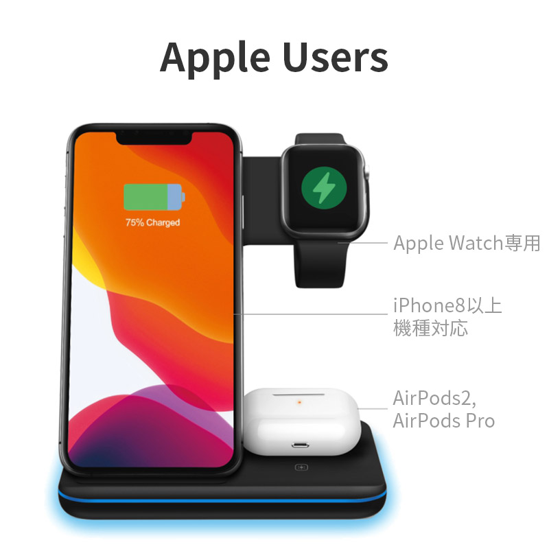 【楽天市場】ワイヤレス充電器 3in1 15W 充電スタンド Qi急速充電 Airpods 2/AirPodsPro