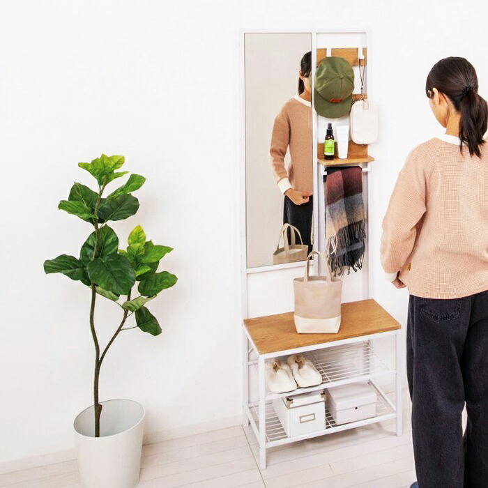 多機能ハンガーラック ミラー付 ナチュラル 棚付き 鏡付き コンパクト 省スペース 収納付き 一人暮らし ひとり暮らし おしゃれ 北欧 カントリー 和モダン フック 腰掛け ベンチ|コミットアンド店