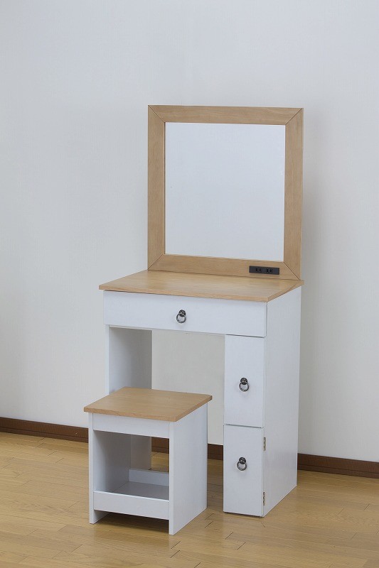 カントリー調ドレッサー 1面ドレッサー 幅60cm テーブル デスク コンセント付き スツール付き 椅子 アンティーク 鏡 メイク台 収納 白 ホワイト 化粧台 化粧 可愛い おしゃれ|コミットアンド店