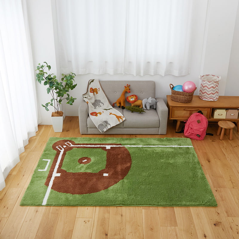 ベースボールラグ 90x130cm ラグマット グリーン 洗える 洗濯機対応 すべり止め おしゃれ かわいい ラグカーペット 子ども部屋 男の子 キッズ 緑 ホットカーペットカバー インテリアマット