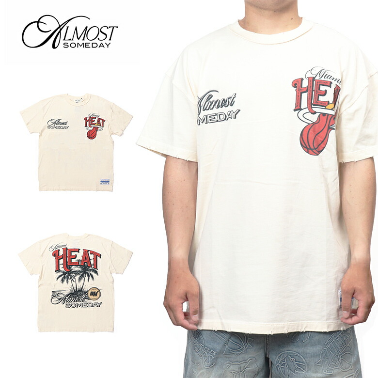 【20%OFF】 ALMOST SOMEDAY MIAMI HEAT TEE CRM NBA ロゴ 海外ブランド インポート メンズ ヒップホップ B系 ストリート 人気 ブランド 半袖 ボックス 黒 白 Tシャツ 半袖Tシャツ 半そで シンプル メンズ 海外ブランド