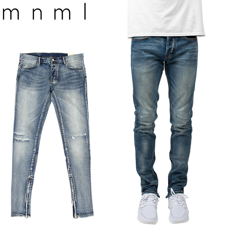 楽天市場 Mnml ミニマル M34 Denim Blue クラッシュ ダメージジーンズ ダメージ デニムパンツ デニム スキニー スキニージーンズ ストレッチ ジーンズ メンズ ジップ付 サイドジッパー サイド ジッパー 裾ジップ Zip インポート ブランド ストリート ファッション