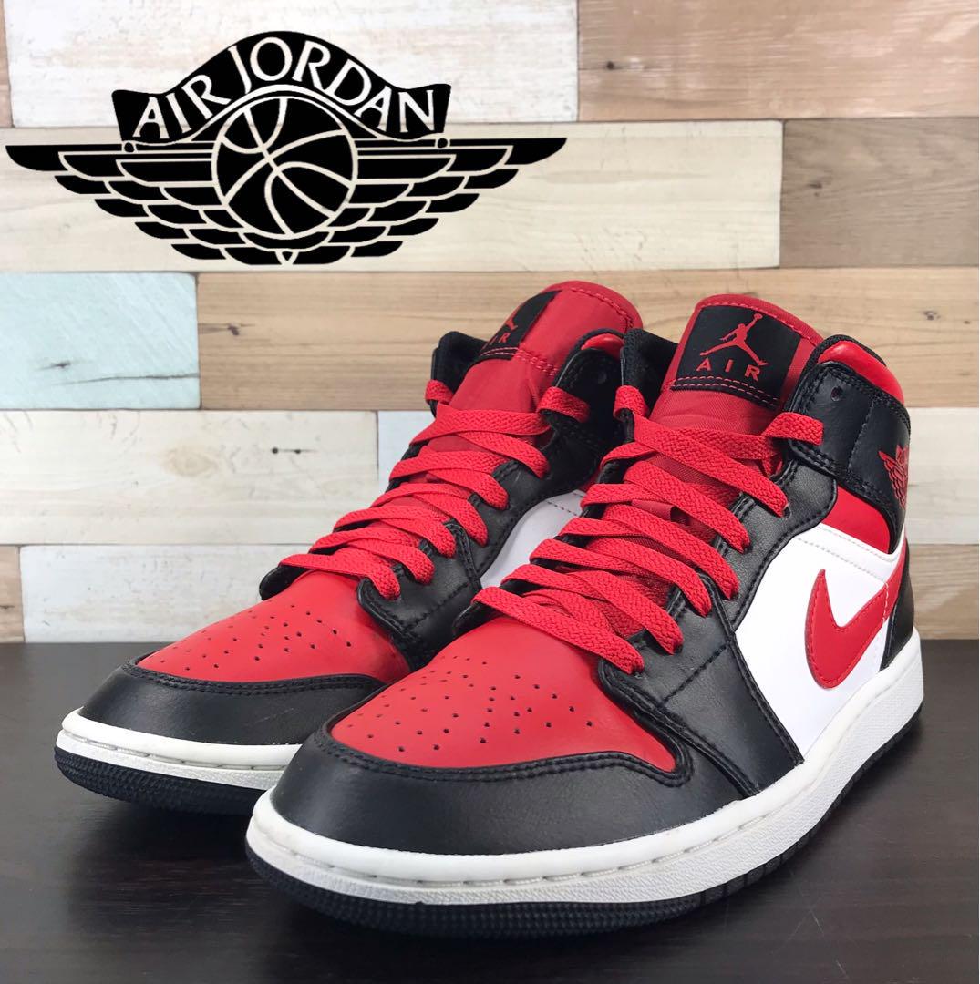 【中古】箱有 NIKE AIR JORDAN 1 MID ナイキ エア ジョーダン 1 ミッド ホワイト レッド ブラック 25cm U10914 554724-079