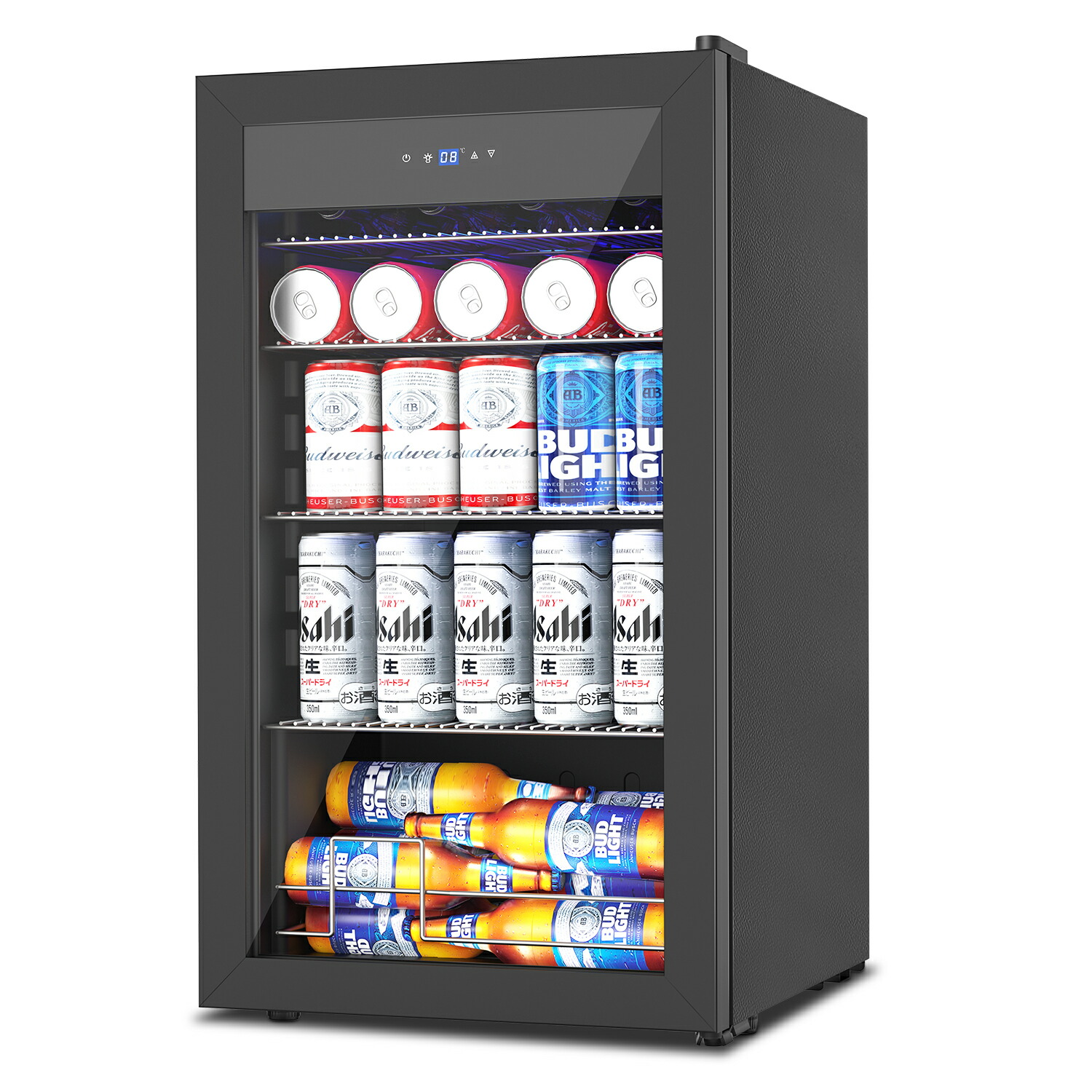 【限定クーポンで28,500円】ディスプレイ冷蔵庫 小型冷蔵庫 ミニ冷蔵庫 86L ドリンク用 飲み物用 自動霜取り 1~18℃ コンプレッサー式 パネル搭載 透明ガラスドア おしゃれ 静音 庫内灯付き 新生活 一人暮らし 家庭用/寝室/バー/寮/ホテル/カラオケ/レストラン/カフェ