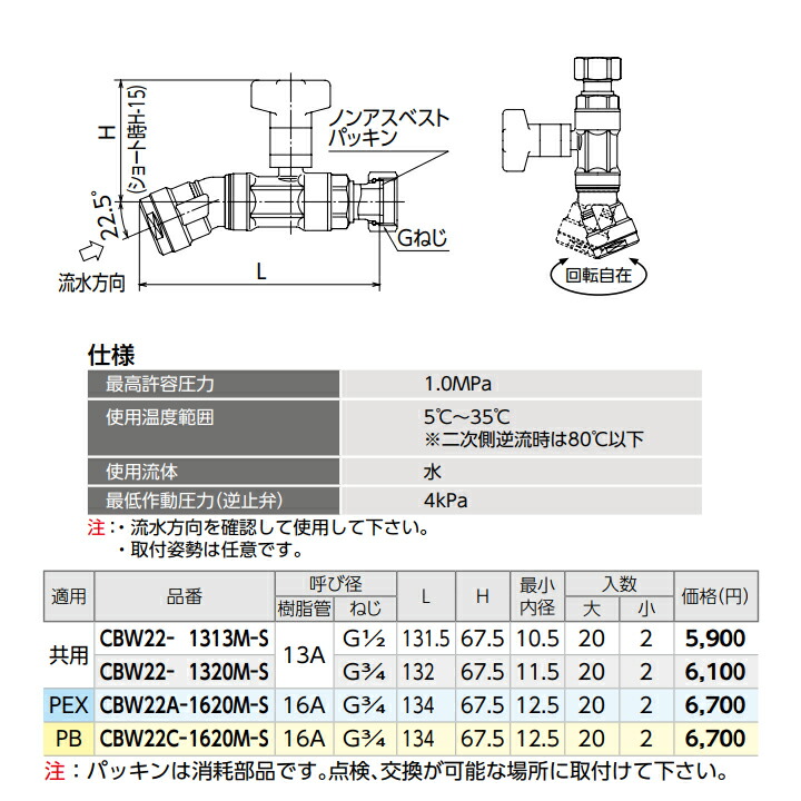 オンダ製作所 ダブルロックジョイント 逆止弁付ボールバルブ CBW22型