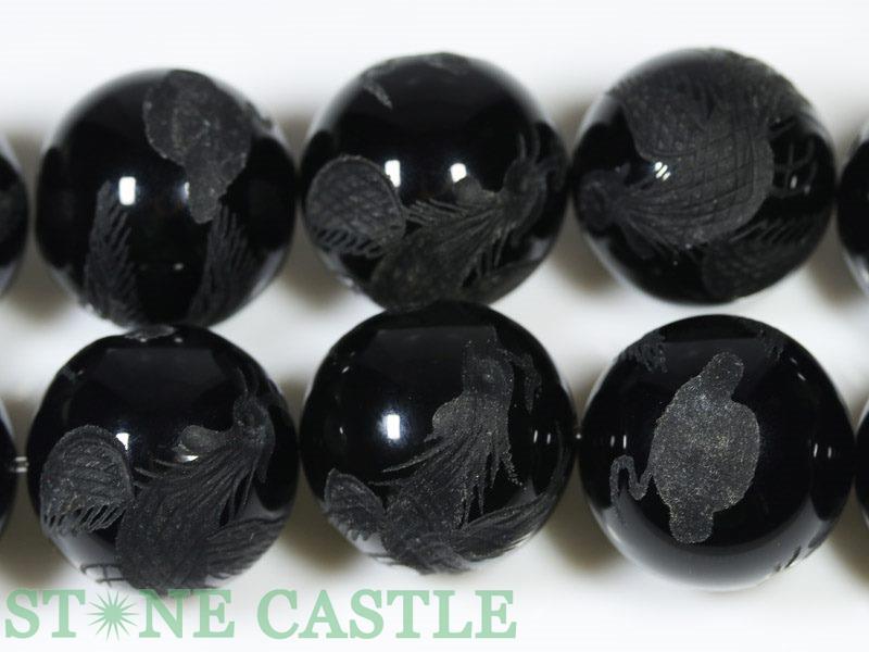 【彫刻ビーズ】オニキス 20mm (素彫り) 鳳凰 一連【パワーストーン 天然石 アクセサリー】｜パワーストーン 石流通センター