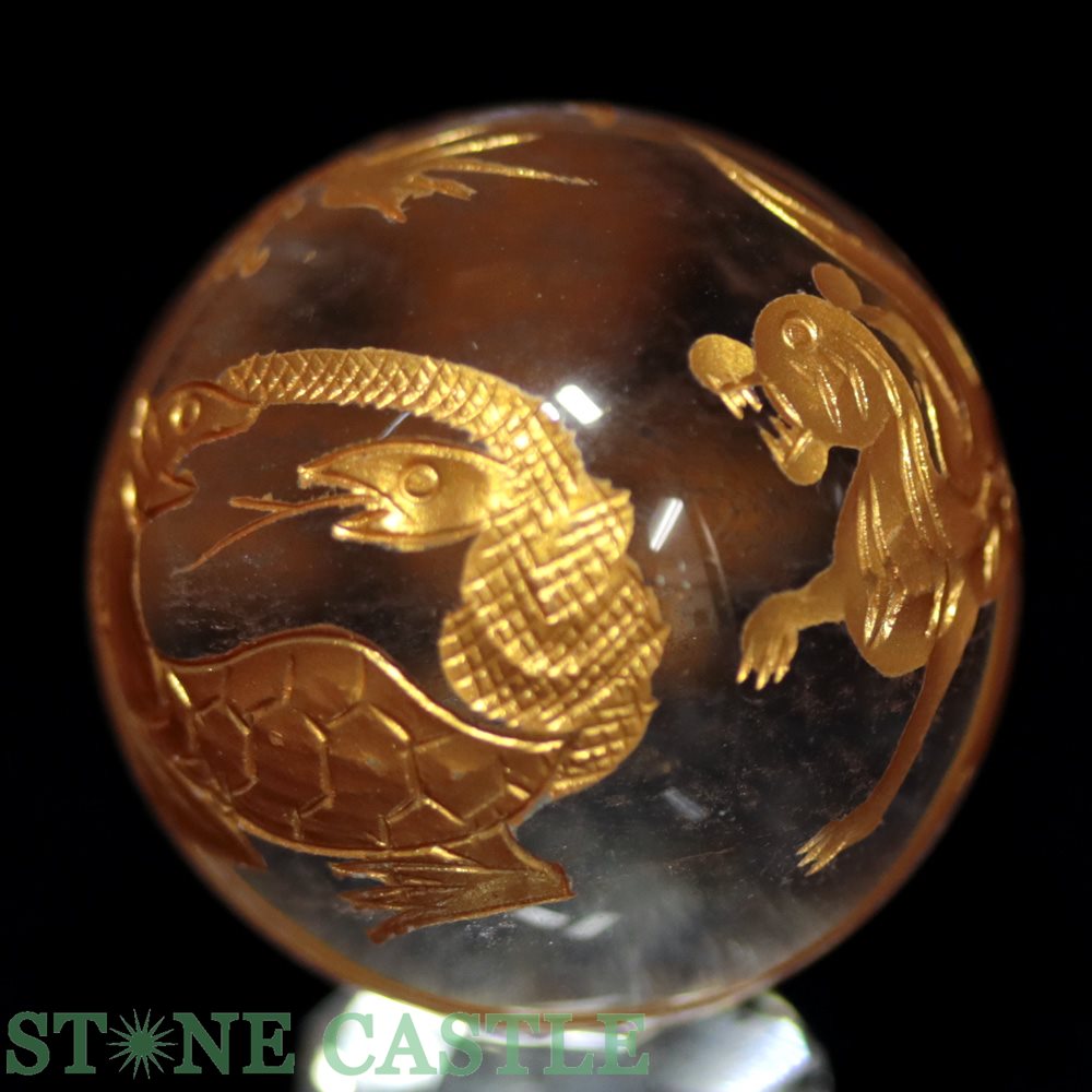 水晶玉 Sale 彫刻置物 丸玉 アクセサリー 天然石 パワーストーン 風水四神獣 金彫り 約40mm 水晶 Worldtranskompani Pl