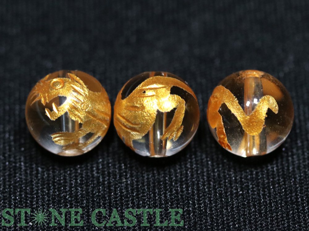 【彫刻ビーズ】水晶 10mm (金浅彫り) 四神獣 (一連売り) 各種【パワーストーン 天然石 アクセサリー】