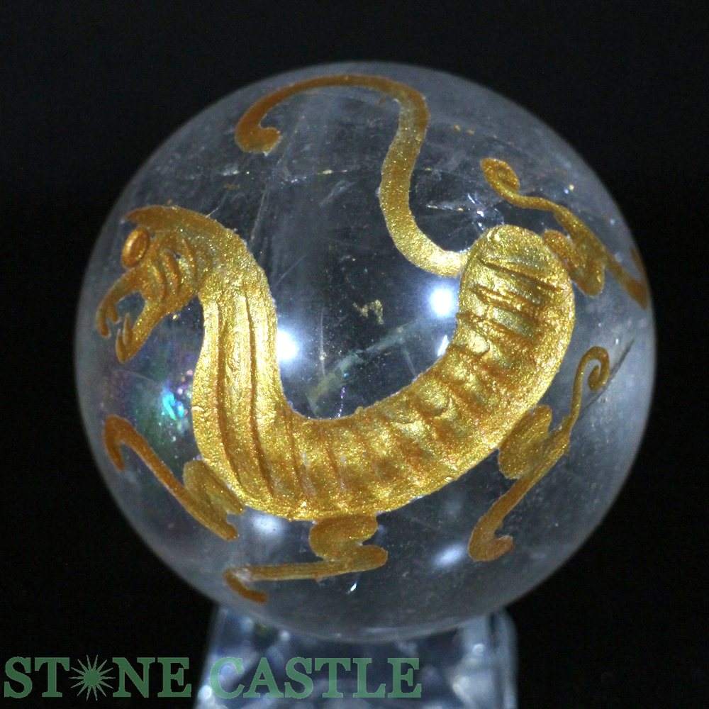 ☆一点物☆【彫刻置物】丸玉 レインボー水晶 白虎 (金彫り) 約50mm No.25【パワーストーン 天然石 アクセサリー レディース メンズ】|パワーストーン 石流通センター