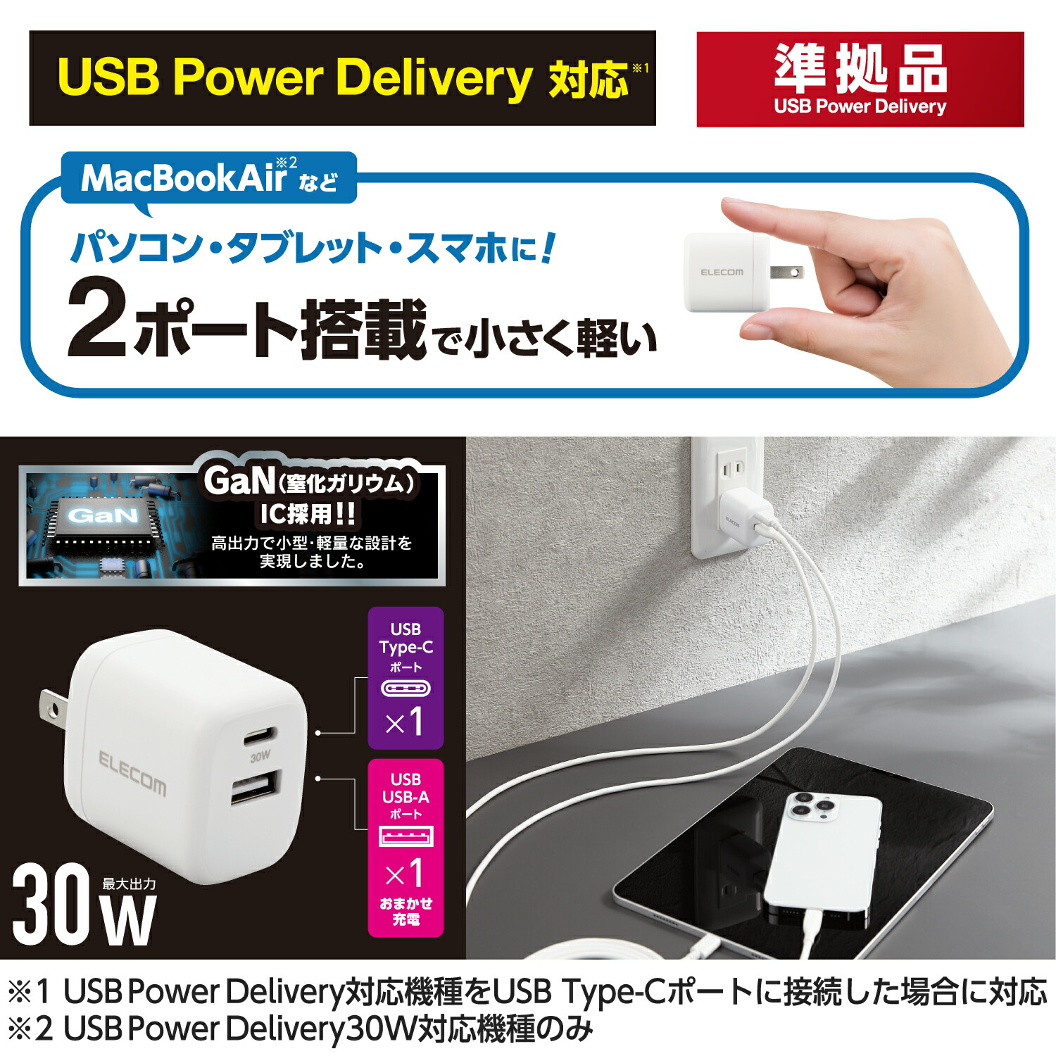 ランキング2022 ホワイト 対応 小型 エレコム Type-C タイプA 軽量 ACアダプター GaN USB メーカー在庫品 最大出力30W ×1  PD MPA-ACCP30WH 充電器 タイプC バッテリー・充電器