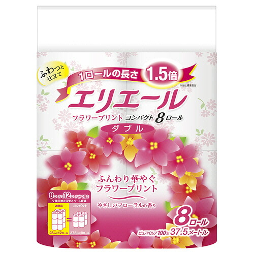 大王製紙 エリエールトイレットティシュフラワープリントコンパクトW芯有37.5m香付 1セット(64ロール:8ロール×8パック)(4902011722208 x8) 取り寄せ商品