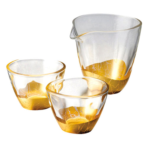 箔一 貫入酒器セット 【9.6&times;8.6&times;9cm容量約240ml片口1客・直径7cm高さ5cm容量約95mlぐい呑み2客・ソーダガラス】(1117-103) 取り寄せ商品｜コンプモト　店