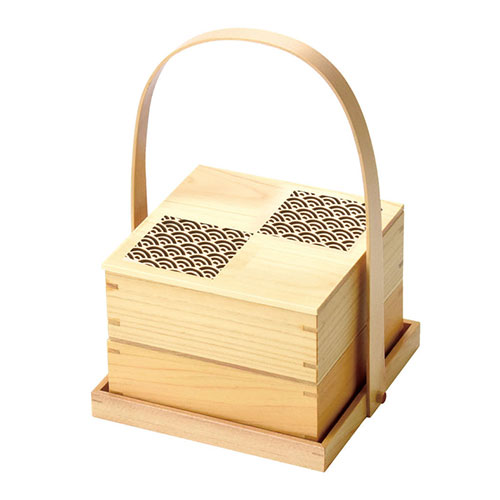 ヤマコー 用美 業務用 ひのき細密・手提付正角2段料理箱 (約15.2&times;15.2&times;H23cm) 青海波 ホテル・旅館・レストラン向け業務用品(yamaco38326) 取り寄せ商品｜コンプモト　店