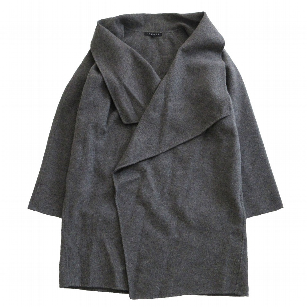 美品　カシミヤ混　Theory　ダブルフェイス　ベルト付きショートラップコート 美品 カシミヤ混 Theory ダブルフェイス ベルト付きショートラップ