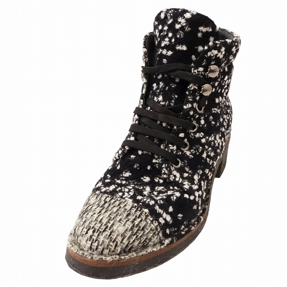 CHANEL シャネル ツイード ブーツ ショートブーツ ココマーク レースアップ 靴 サイズ38 24cm ブラック 黒 レディース 【中古】 /TNT