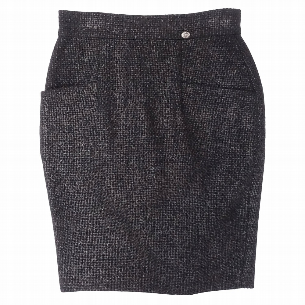 極美品 CHANEL シャネル ツイードスカート タイト ひざ丈 ココマークプレート Tweed Braided 14P P47766 40 L 黒 レディース 【中古】