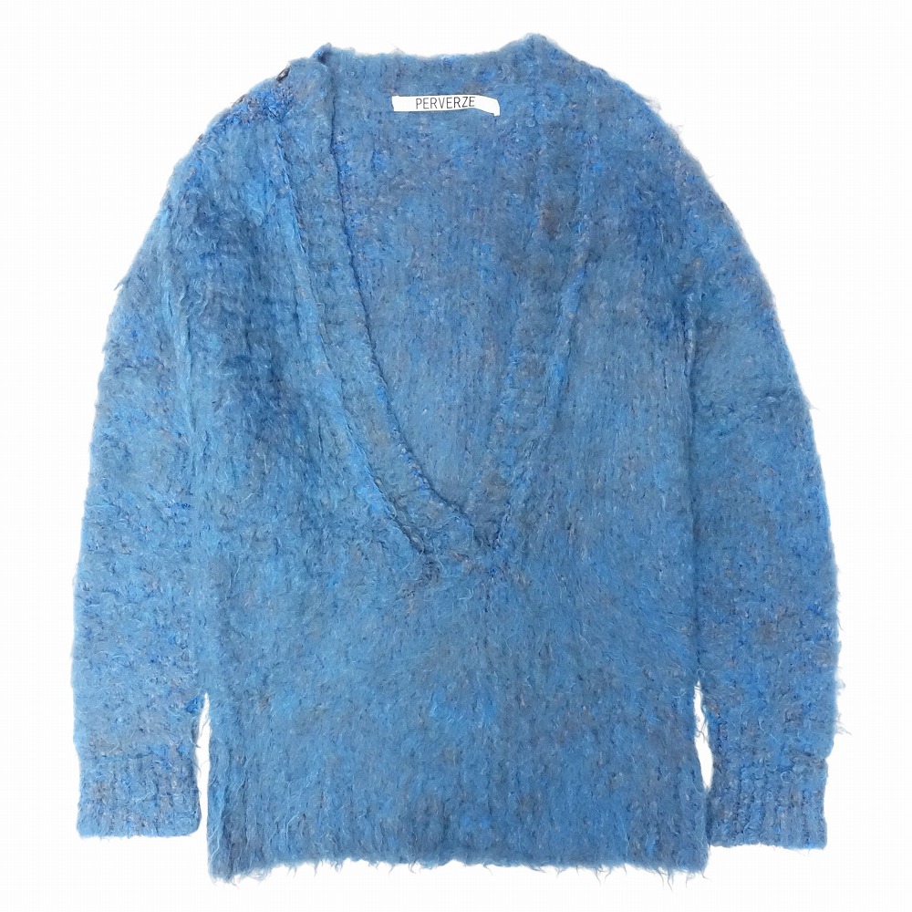 パーバーズ PERVERZE Teddy Deep V-Neck Knit モヘア 編み物 プルオーバー Vのど首 ティーシャツ 上衣 青色 レディース 【中古】 レディースファッション-トップス