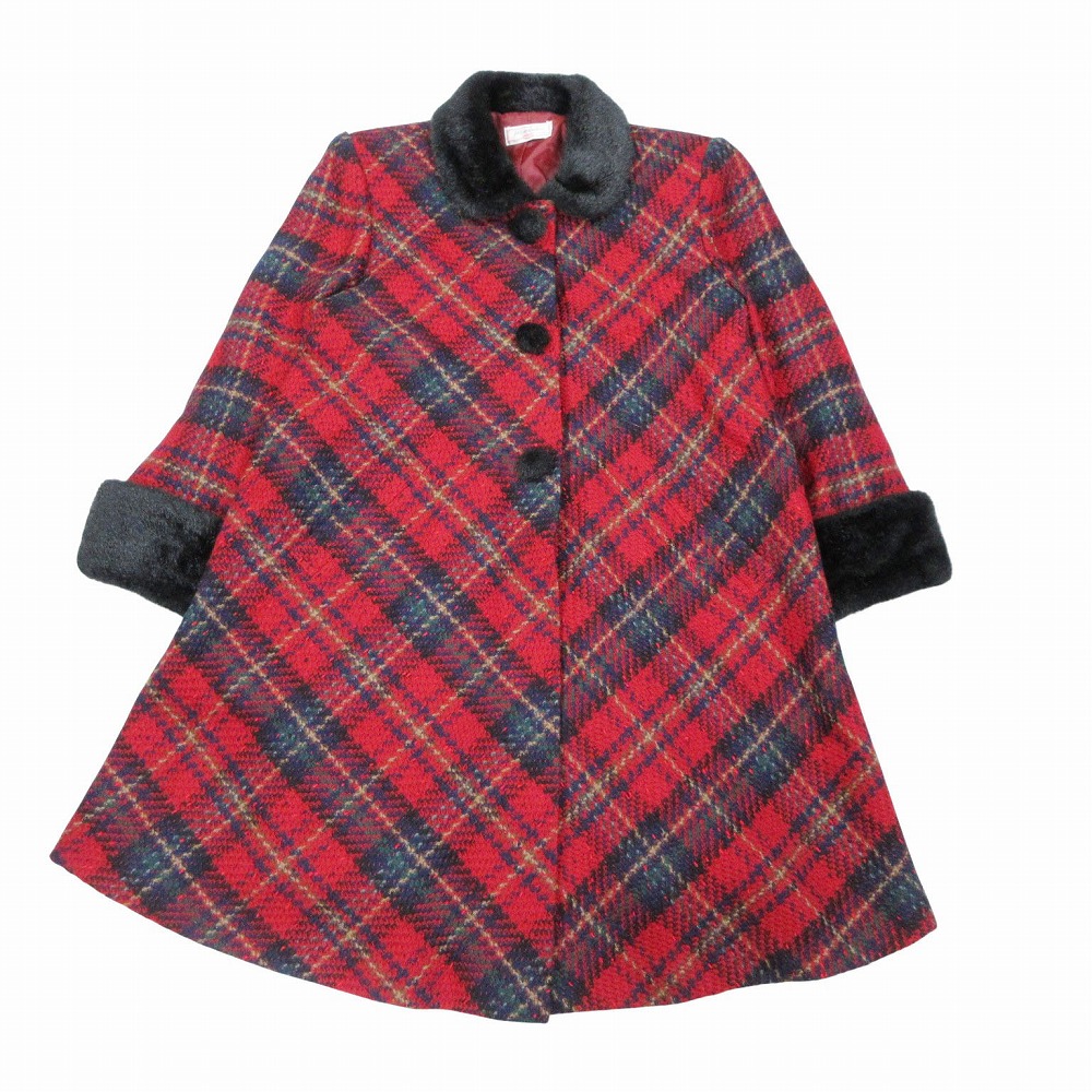 YVES SAINT LAURENT イヴサンローラン ヴィンテージ フェイクファー タータンチェック コート レッド サイズ140 レディース 【中古】