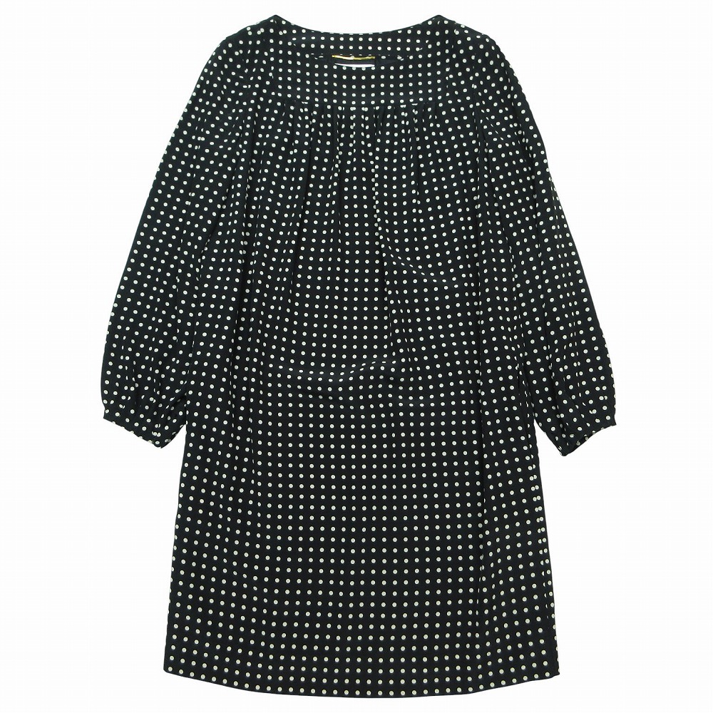 15ss SAINT LAURENT by Hedi Slimane サンローラン エディ期 ドット柄 ワンピース 長袖 シルク100% 36 S 黒白 レディース 【中古】