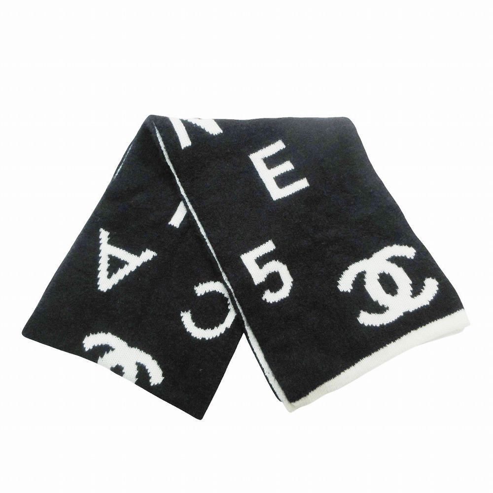 CHANEL ココマーク ロゴ マフラー カシミヤ ウール シルク ブラック アイボリー 30×200cm レディース 【中古】 /TNT
