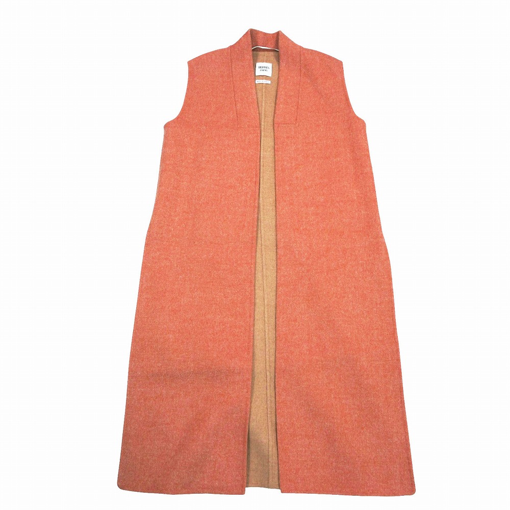 美品 HERMES エルメス カシミヤ ロング ジレ ノースリーブ コート ダブルフェイス ボタンレス 34 XS オレンジ系 レディース 【中古】