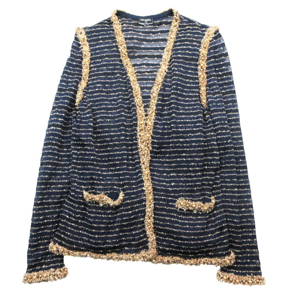 シャネル CHANEL by Karl Lagerfeld 2015 Cruise Resort Collection ツイード カーディガン ジャケット 装飾 40 L ネイビー 【中古】