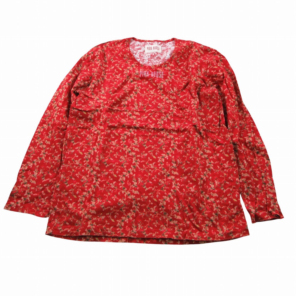 Vintage PINK HOUSE ピンクハウス 花柄 ロゴ Tシャツ カットソー 長袖 ロンT コットン トップス レッド 赤 レディース 【中古】