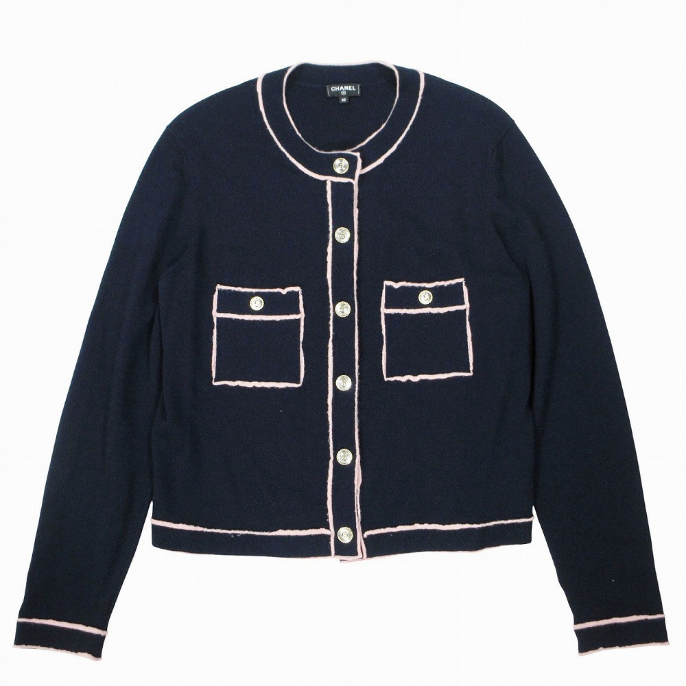 CHANEL シャネル P70793K10084 NO5 カシミヤ カーディガン 長袖 バイカラー ネイビー ピンク サイズ40 M レディース 【中古】
