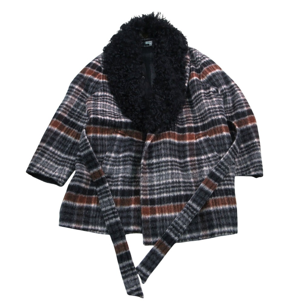 極美品 BLAMINK ブラミンク シャギー ロング コート ジャケット ムートンファー付 チェック柄 グレー 48 XL レディース 【中古】