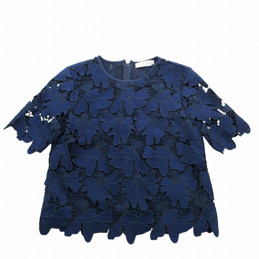 TORY BARCH トリーバーチ フラワー刺? レース ブラウス トップス 半袖 ネイビー N8061501 2/M 半袖 ネイビー レディース 【中古】
