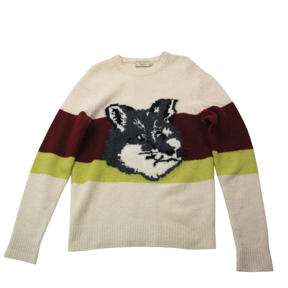 MAISON KITSUNE メゾンキツネ フォックス ニット セーター 長袖 カシミヤブレンド 配色 トップス XS レッド 赤 メンズ 【中古】