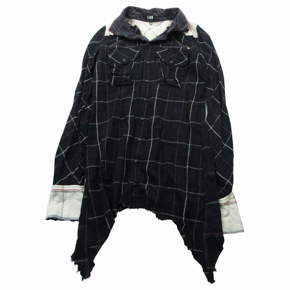 L.G.B. ルグランブルー チェック シャツ 長袖 ハイカラー 切替 スナップボタン カットソー 0/S 黒　メンズ レディース 【中古】