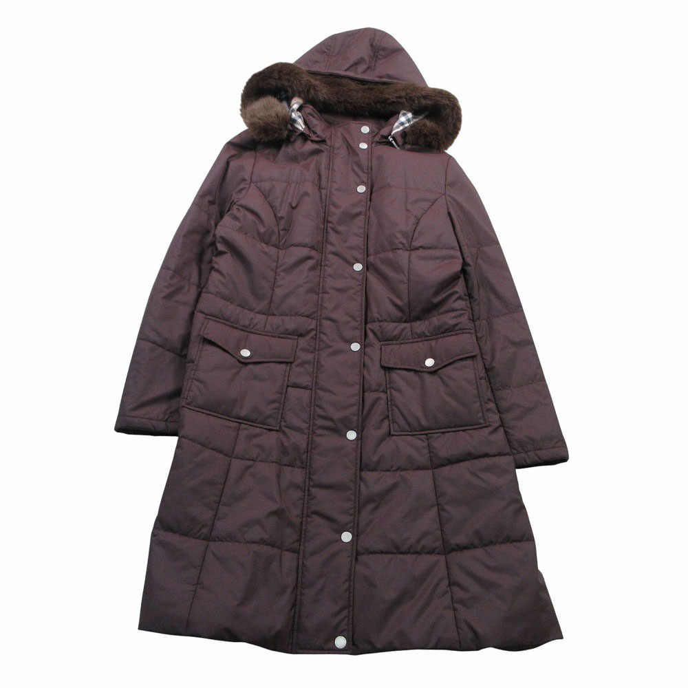 BURBERRY LONDON バーバリーロンドン 中綿コートアウター ファーフード付 ノバチェック柄裏地 ブラウン 160A M レディース 【中古】