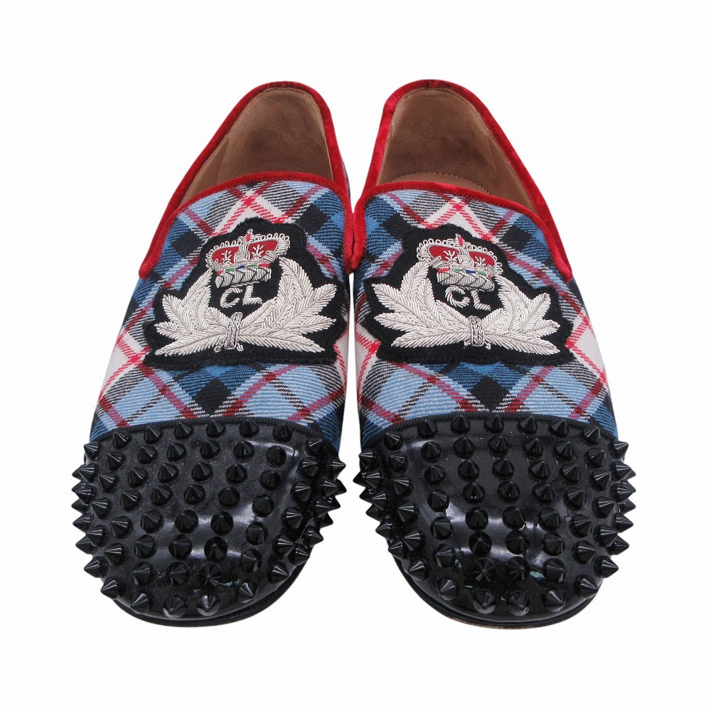 Christian Louboutin クリスチャンルブタン スパイク タータンチェック オペラシューズ ライトブルー 40 25.5cm メンズ 【中古】