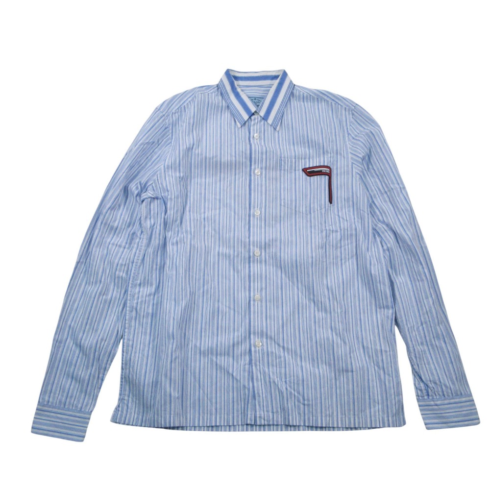 PRADA プラダ ストライプ バックロゴ レギュラーカラー シャツ ボタンダウン 長袖 UCN123 1T3F 38/M ブルー メンズ 【中古】