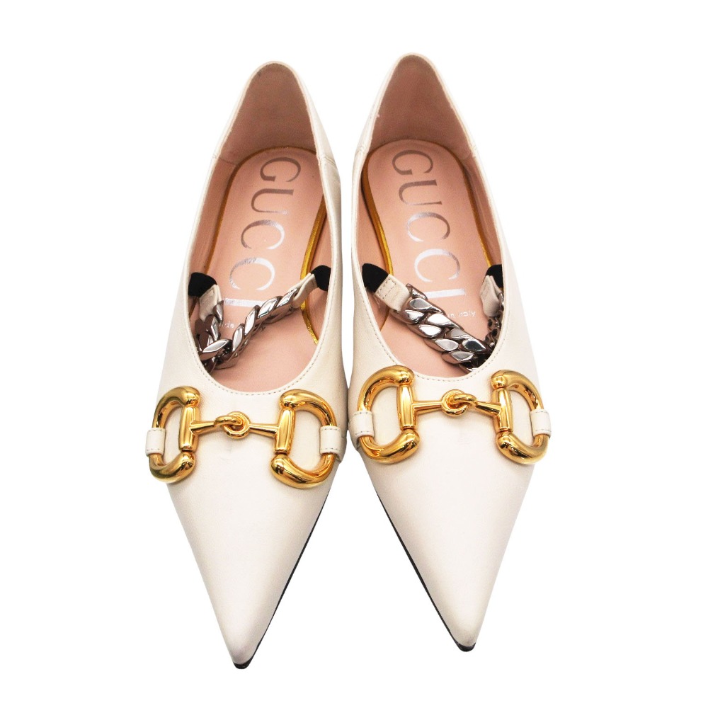 極美品 GUCCI グッチ ホースビット 621161 ポインテッドトゥ フラット パンプス レザー アイボリー サイズ35.5 22.5cm 【中古】