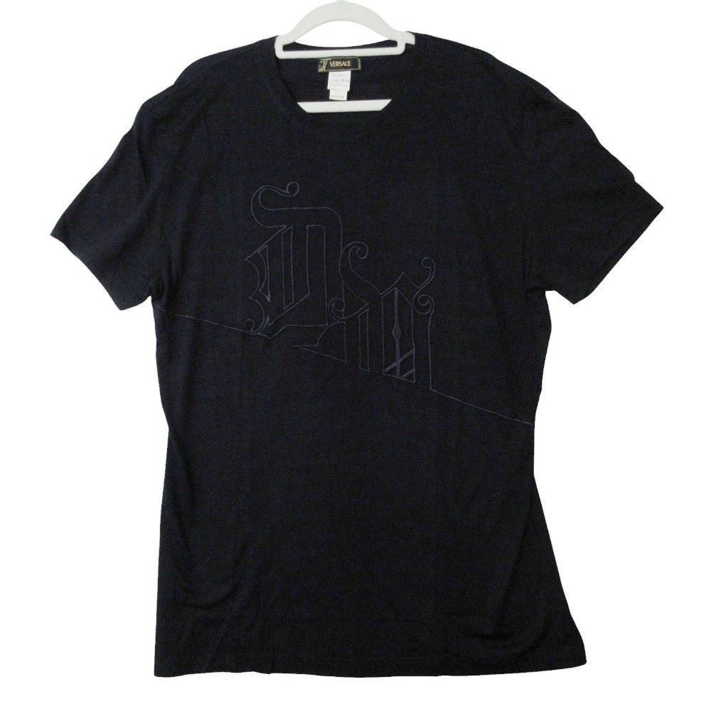 VERSACE ヴェルサーチ 刺繍 Tシャツ カットソー 半袖 クルーネック ニット トップス サイズ54 2XL ネイビー メンズ 【中古】