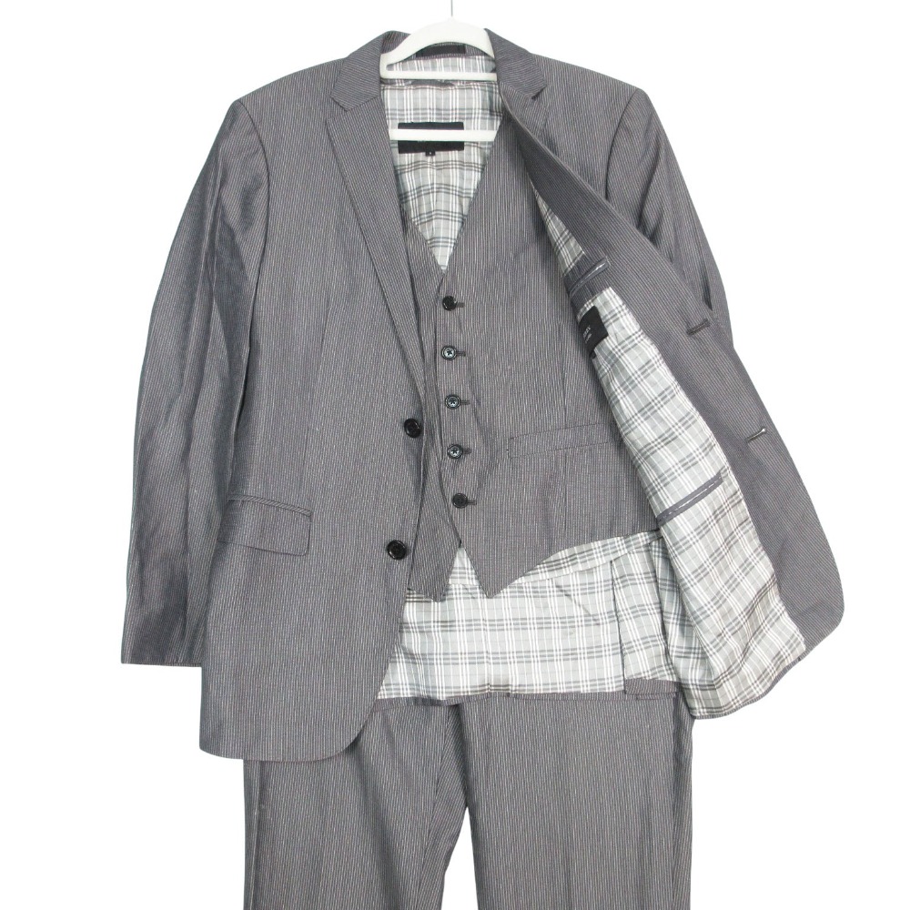 BURBERRY BLACK LABEL バーバリーブラックレーベル ストライプ 3ピース スーツセットアップ D1E22-400-06 S グレー メンズ 【中古】